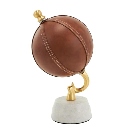 12" Brown Leather Handmade Stitched Globe with White Marble Base